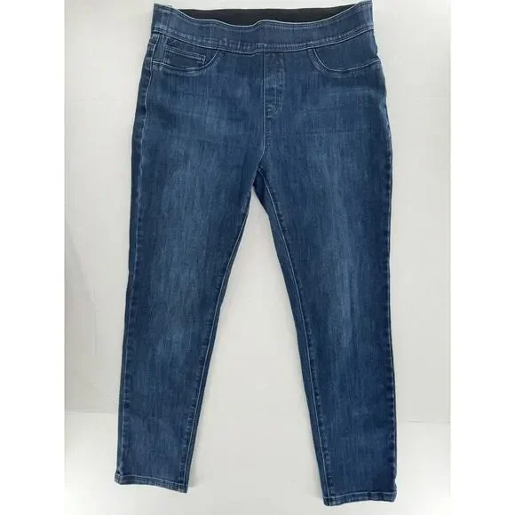 Soft Surroundings Size PM Denim Pull On Relaxed Straight Jeans Dark Slimming - Picture 1 of 15